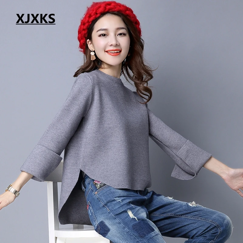 

XJXKS New 2019 Women Sweaters Autumn And Winter New Women Sweater Loose Round Neck Pull Femme Long-sleeved Short Pullover Jumper