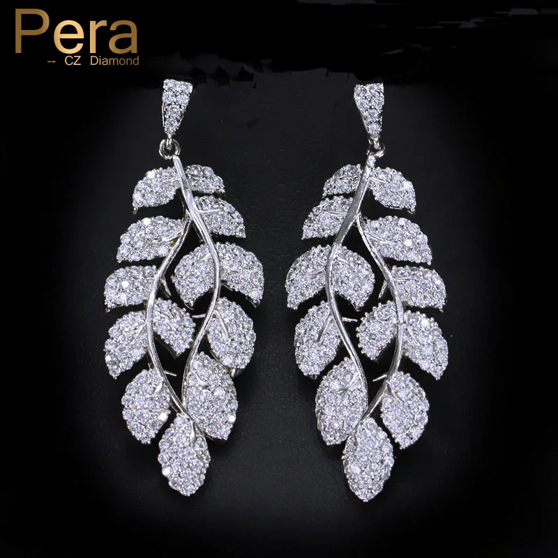 

Pera Sparkling Silver Color AAA+ Long Dangle Big Leaf Shape Cubic Zirconia Drop Earring For Women Party Jewelry Accessories E299