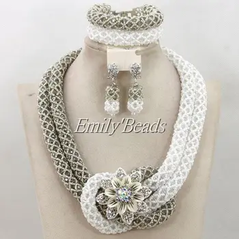 

2015 New Nigerian Wedding African Beads Jewelry Set Grey Crystal Beads Jewelry Set White Bridal Necklace Jewelry Set AMJ488