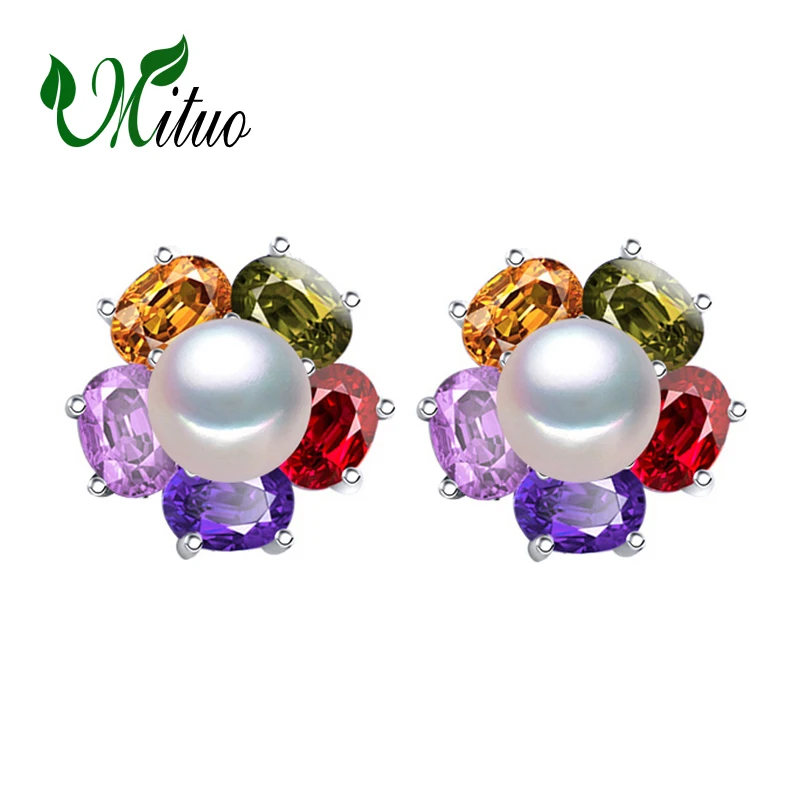 

MITUO pearl jewelry pearl ruby earrings bohemian pearl earrings for women 925 sterling silver party flower stud earrings
