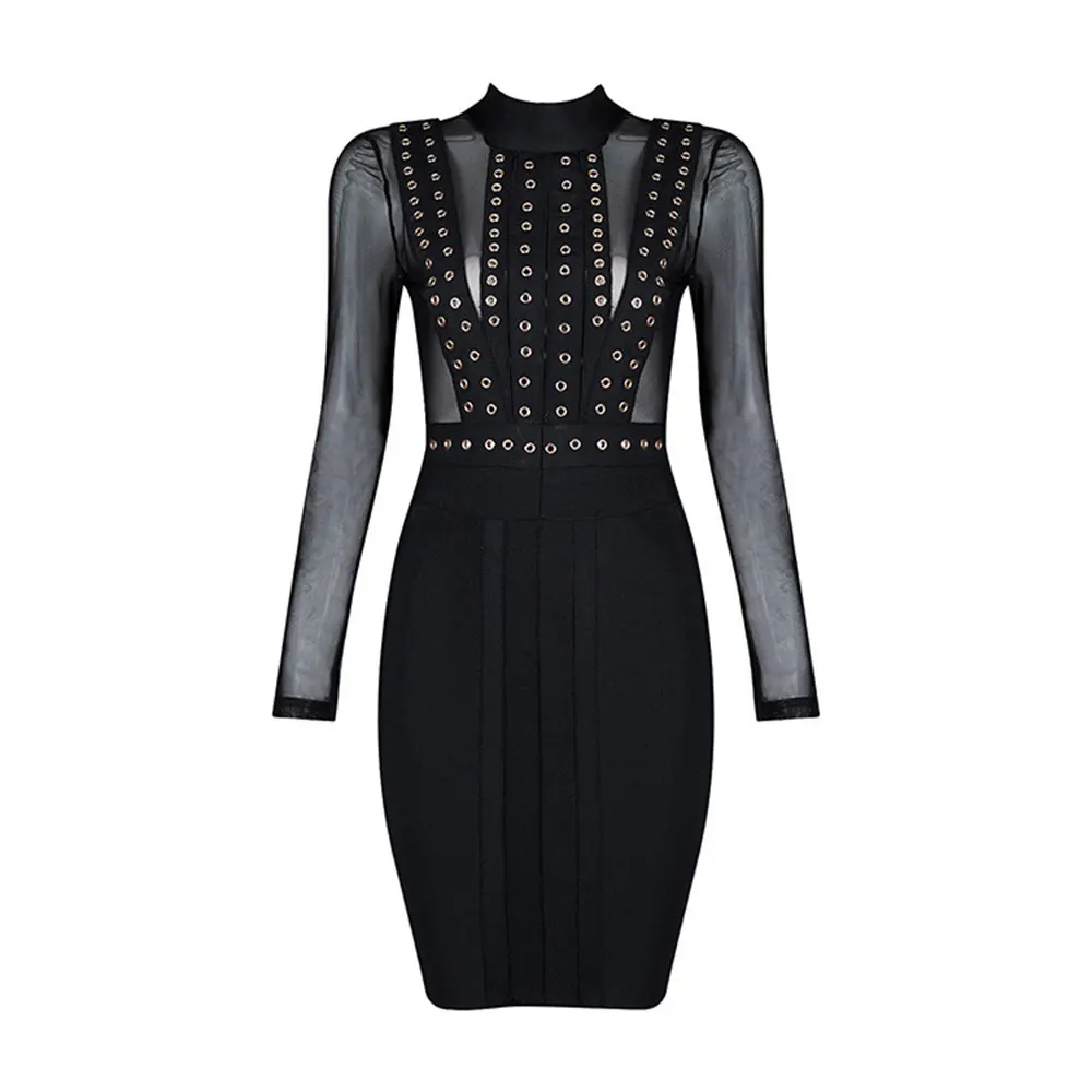 Черное с длинным рукавом шипованное Высокое качество Горячее модное из вискозы мини Бандажное платье - Цвет: Черный