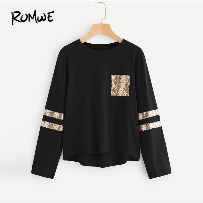 

ROMWE Contrast Sequin Dip Hem Tee 2019 Comfortable Long Sleeve T Shirt Black Korean Asymmetrical Women Spring Autumn T-Shirt