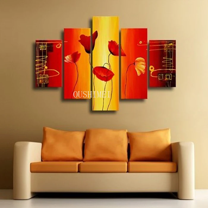 

Hand Painted Waving Red Lotus Sun Abstract Landscape Wall Home Decor Oil Painting On Canvas 5pcs/set Mixorde No Framed Flower