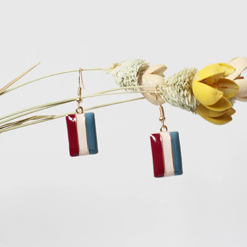 

2019Simple Oil Painting Colorful dangle Earring Stripes Enamel Glaze Square Geometric Drop Earrings for Women Girl Party Jewelry