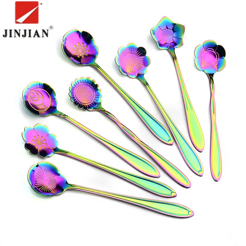 

JINJIAN Hot Sale 8 Pieces Rainbow Dinner Set Stainless Steel Coffee set with 7 Color For Choose Ice Cream Dessert Tea Cutlery