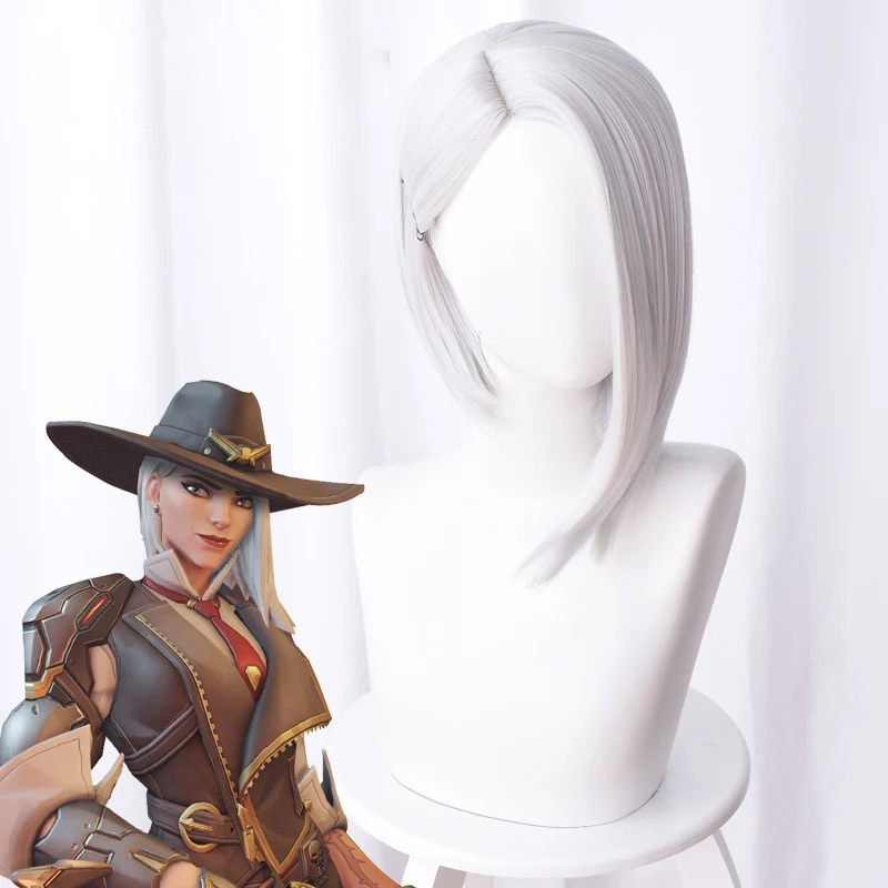 

OW New Hero Cosplay Hair Ashe Cosplay Headwear Game Overwatch 35CM Silver white Heat Resistant Synthetic Hair Perucas