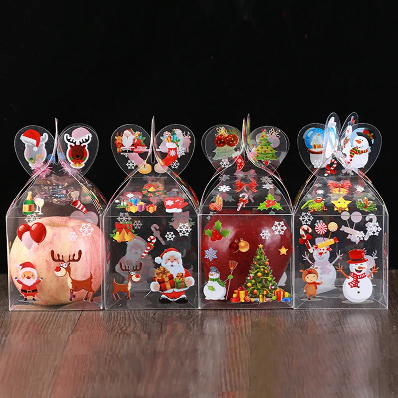 

500pcs Christmas Even Clear Gift Box Xmas Printed Snowman Elk Santa Xmas Tree Treats Sweets Candy Apple Boxes Favors Wrap