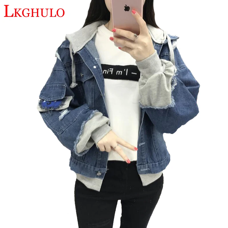 

Contrast 2 In 1 Hooded Jacket Denim Coat Women Frayed Trim Blue Jean Jackets 2018 Autumn Button Up Casual Patchwork Jacket W322