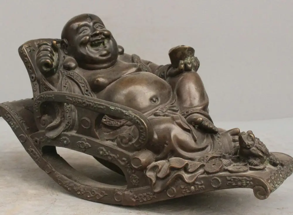 

12 China Happy Laughing Buddha Maitreya Lying On Chair Bronze Statue