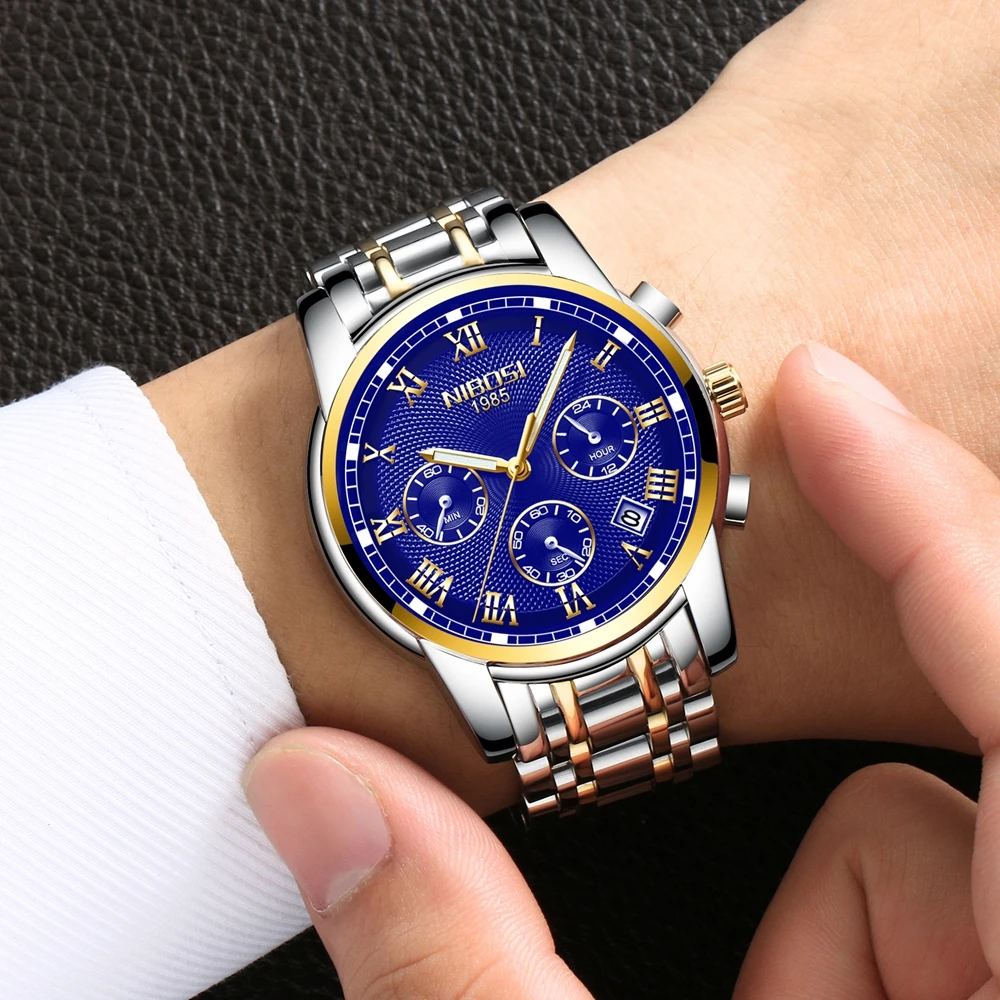  NIBOSI Relogio Masculino Luxury Brand Mens Watches Auto Date Chronograph Quartz Watch Men Gold Casu