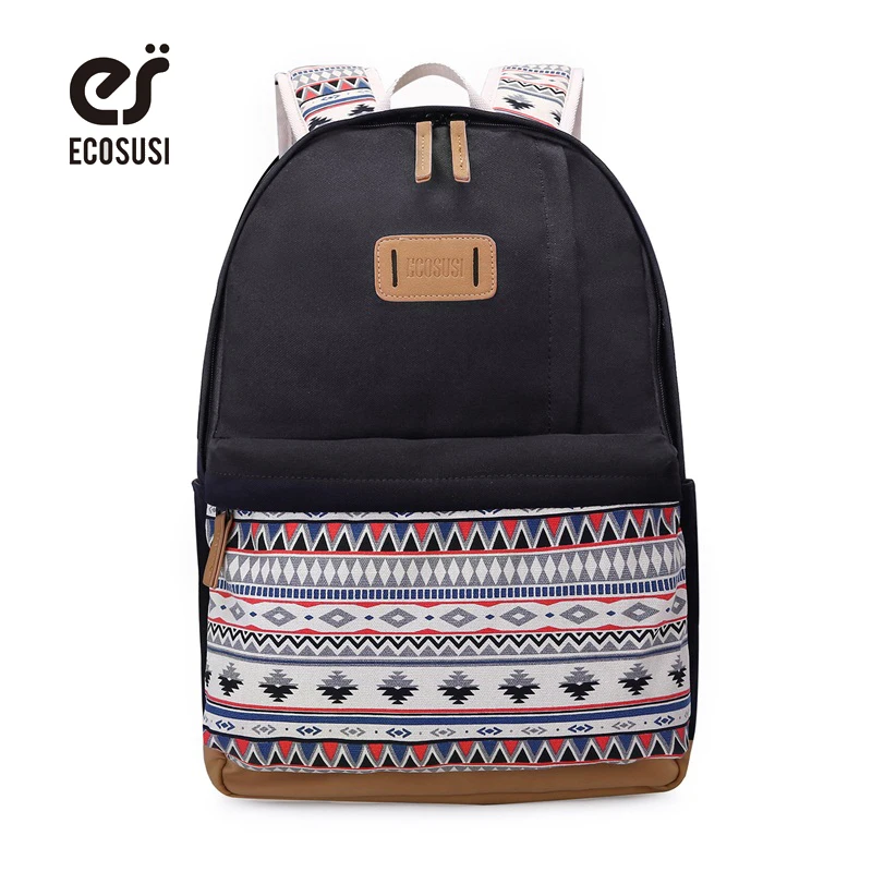

ECOSUSI New Women Canvas Backpack Schoolbags For Girl Teenagers Casual Travel Bags Rucksack Cute Printing Laptop Backpacks