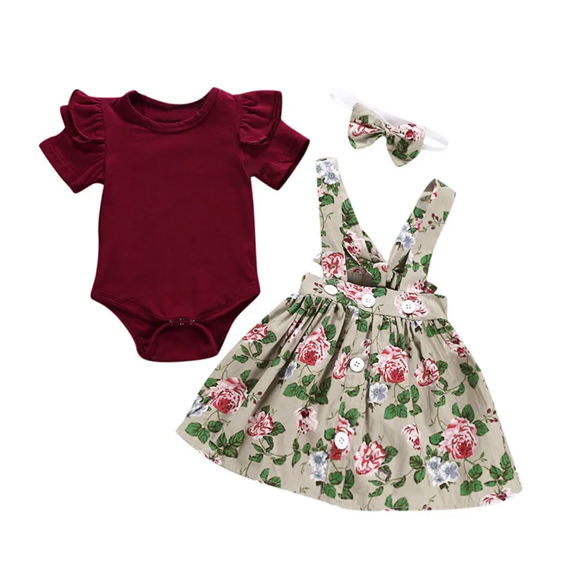

Telotuny kid Casual Clothing Set Floral Cotton 3Pcs Baby Toddler Girls Kids Overalls Skirt +Headband+Romper Clothes Outfits Mar4