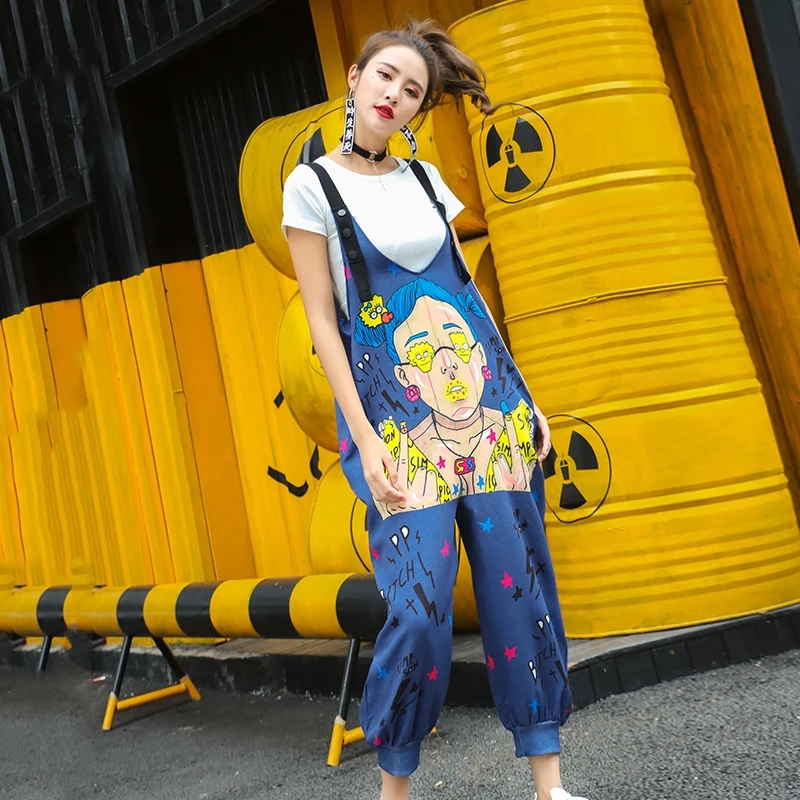 

TREND-Setter 2017 Summer Harajuku Graffiti Chiffon Jumpsuit Women Letters Cartoon Girl Print Bodysuit Loose Casual Overalls