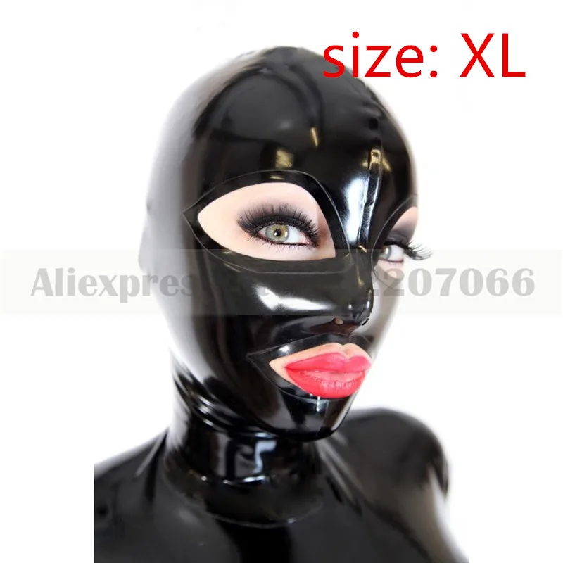 Унисекс однотонный черный латексный резиновый капюшон маска с молнией сзади Фетиш капюшон глаза рот открытый ручной работы RLM182 - Цвет: size XL