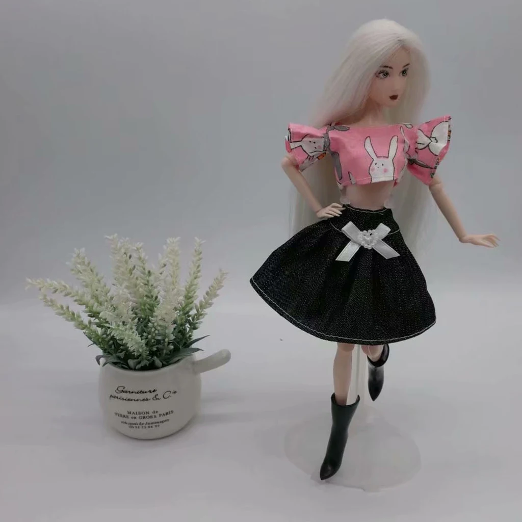 Trendy Garment Clothing Short Sleeve Rabbit Tops and  Denim Jean Dress Skirts For   Doll Pink