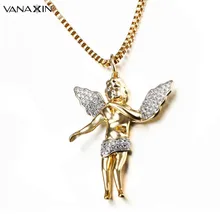 VANAXIN Ángel lindo COLLAR COLGANTE AAA blanco CZ pavimentado Zircons bebé alas del ángel querubín encanto Hip Hop collares regalo de la joyería