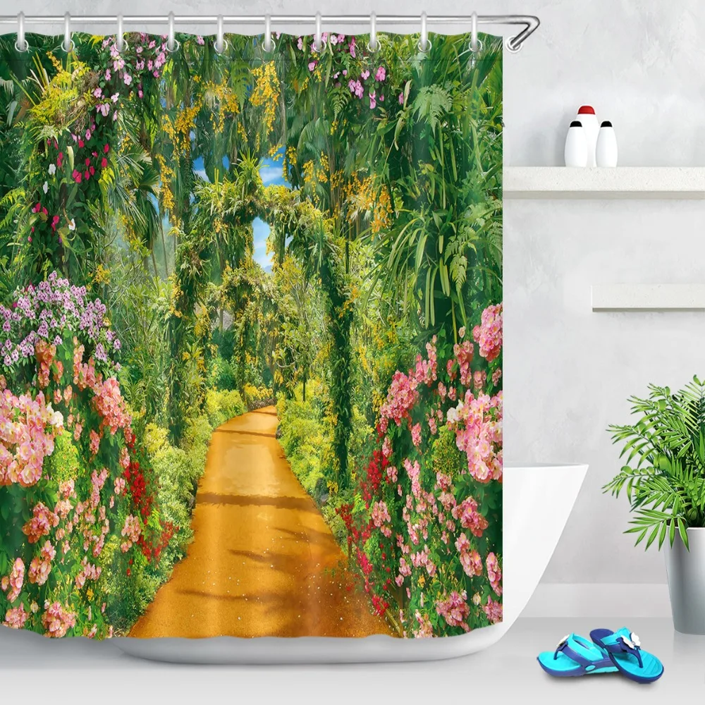 

72'' Walkway Through Vines Plant Arches Flowers Bathroom Waterproof Fabric Shower Curtain Polyester 12 Hooks Bath Accessory Sets