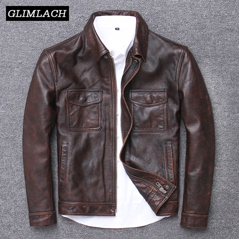 

Brand Vintage Leather Jacket Men 100% Cowhide Natural Leather Jackets Men's Motorcycle Biker Red Brown Slim Leather Coat Autumn