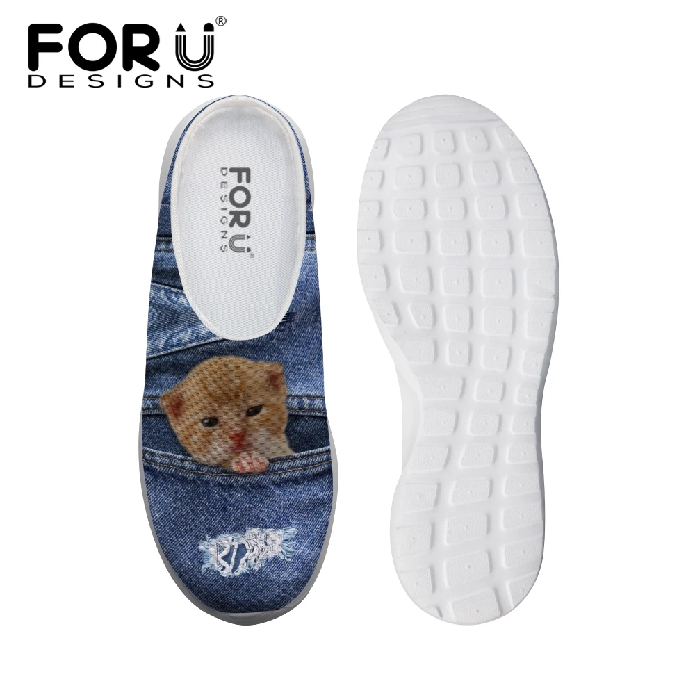 

FORUDESIGNS Denim Pocket Animal Women Casual Sandals Summer Fashion 3D Cute Cat Dog Prints Beach Slippers for Ladies Flats Shoe