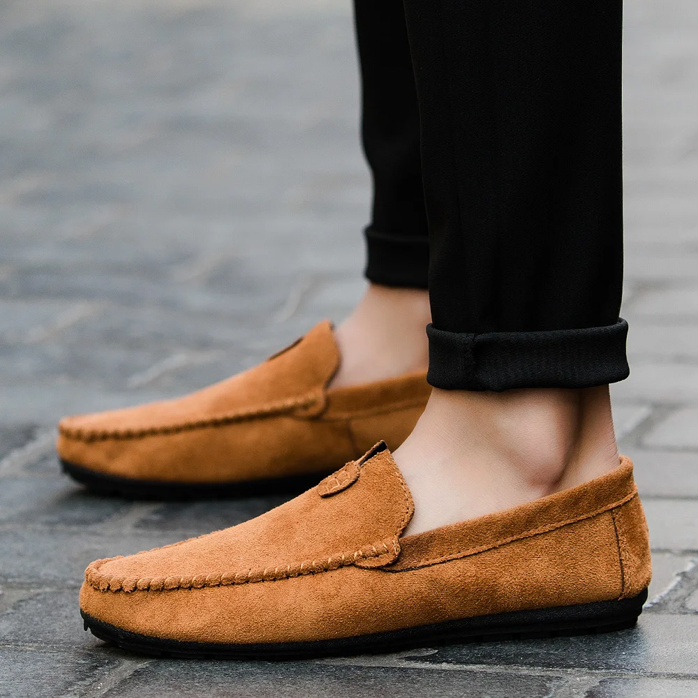 

GOXPACER Spring And Summer Brief Men Shoes Flat Heel Slip On Flats Flock PU Casual Breathable Leather Fashion Shoes Male Loafers