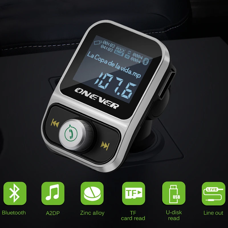 

Onever Car MP3 Player FM Transmitter Wireless Bluetooth FM Modulator Handsfree Car Kit LCD Radio Audio 3.5mm AUX Adatper FLAC