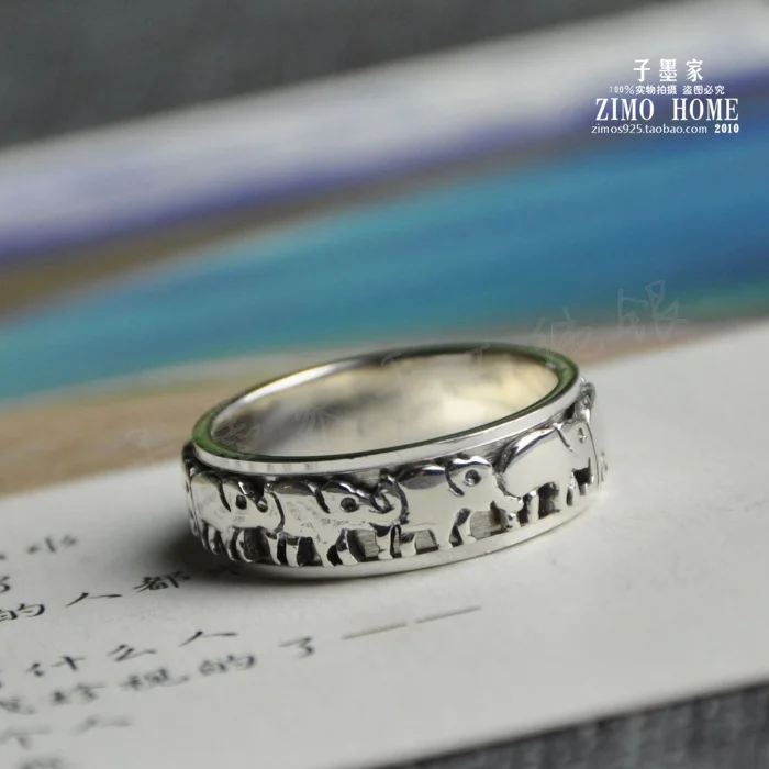 

925 Sterling Silver Thailand handmade retro lucky Ring Silver Elephant transport couple ring