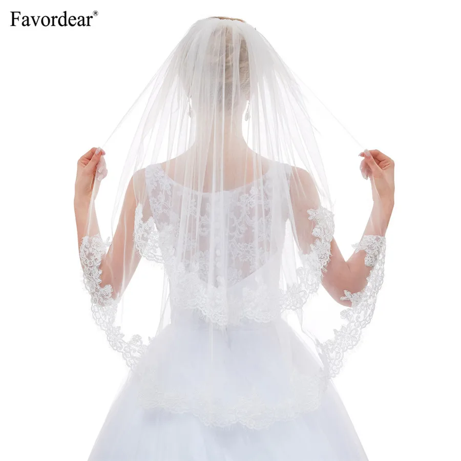 

Favordear 2018 New 2T White Ivory Wedding Veil veu de noiva Lace Edge Elbow Length Top End Veil For Brides velos de novia