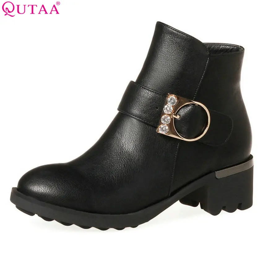 

QUTAA 2018 Women Ankle Boots Square Mid Heel All Match Pu Leather Round Toe Zipper Design Women Motorcycle Boots Size 34-43