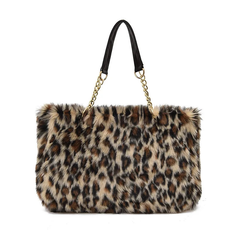 

Faux Fur Handbag For Women 2018 Winter Shoulder Bags Large Capacity Tote Bags Fashion Retro Leopard Handbags Chain Hand Bag