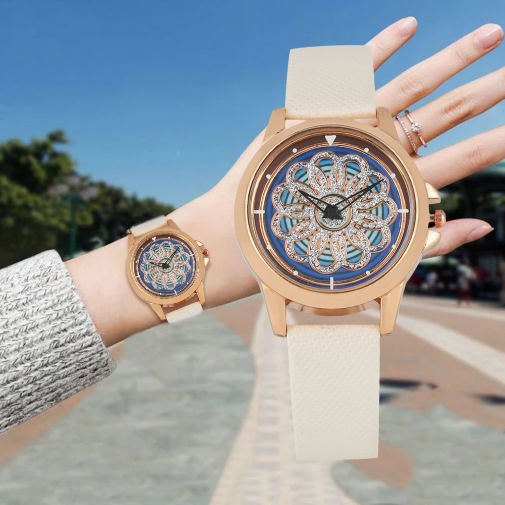 

Women's Concise Blue Rotatable Ornament Rhinestone Dial Watch Luxury Leather Strap Quartz Watches Elegant Gold Case Wristwatch