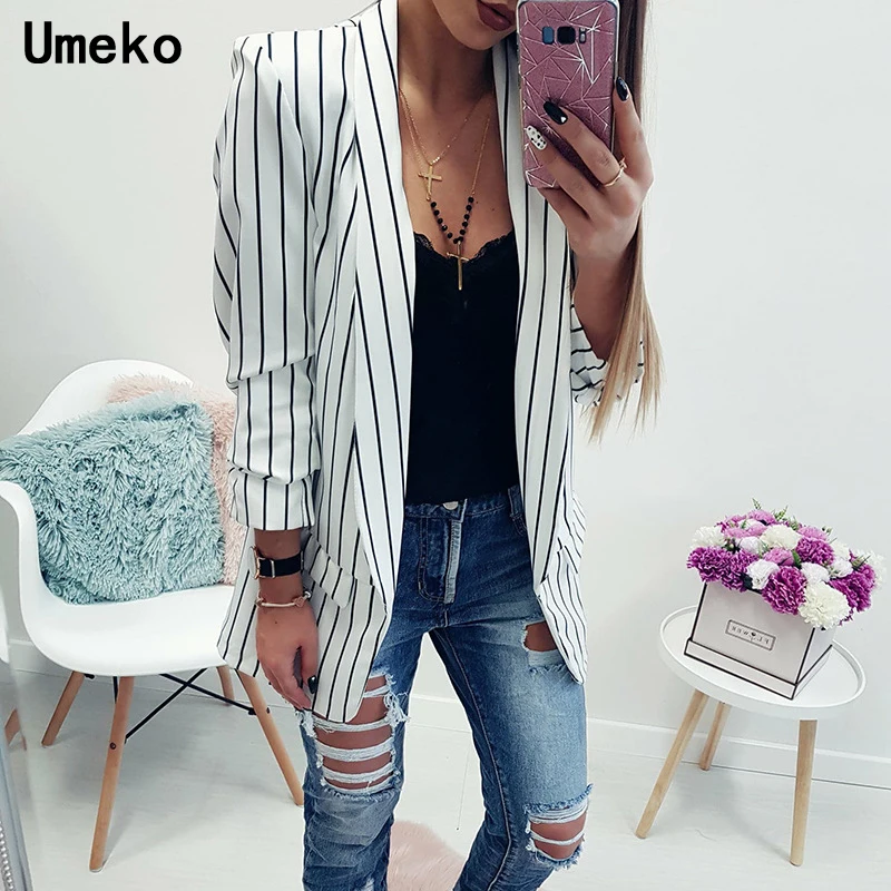 

New Fashion 2019 Womens Blazers and Jackets Striped Long Sleeve White Ladies Outwear Casual Balck Women Suit Female Clothes