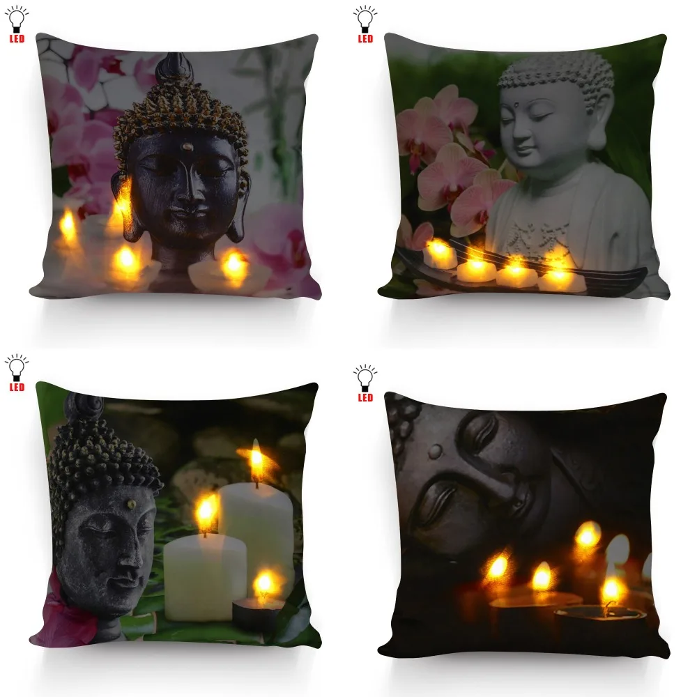 

Hight Quality Led Cushion cover Buddha with flicking candles flowers Pillow battery open for home decorative 17x17inch