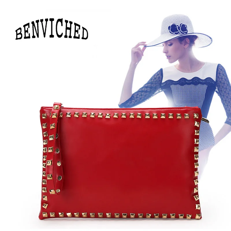 

BENVICHED Fashion 2019 women red pure color single shoulder bag lady large capacity envelope bag rivet temperament handbag c174