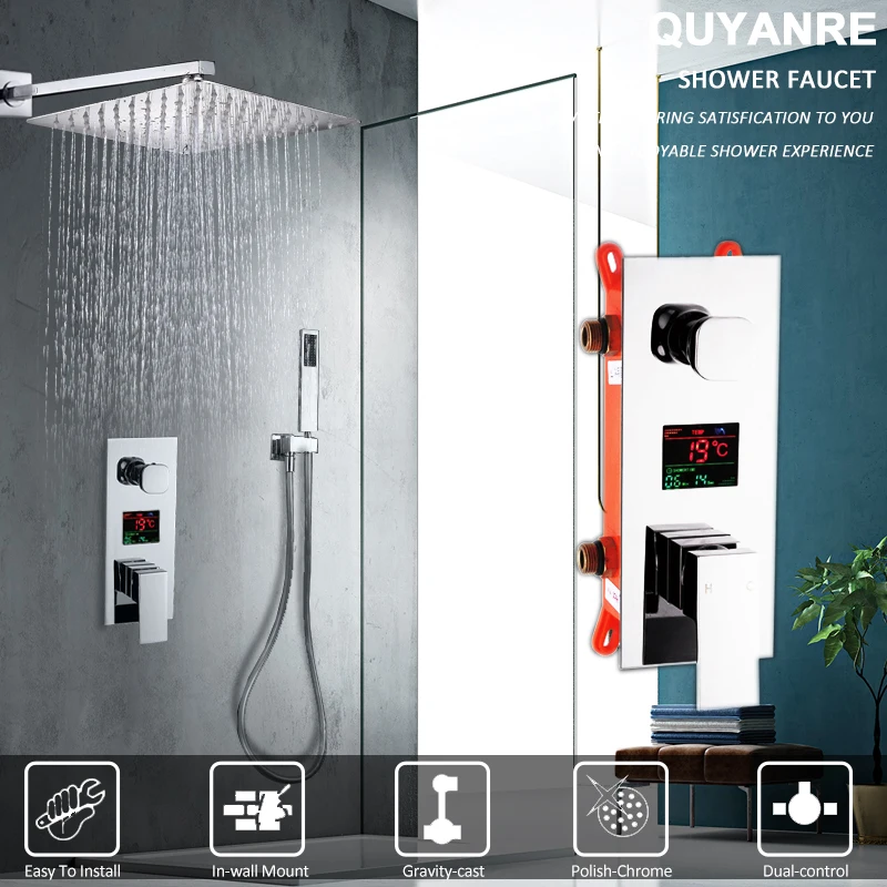 

Quyanre Digital Concealed Shower Faucets Set Ultrathin Rain Shower Head Digital Screen Temperature Mixer Tap Bathroom Shower Set