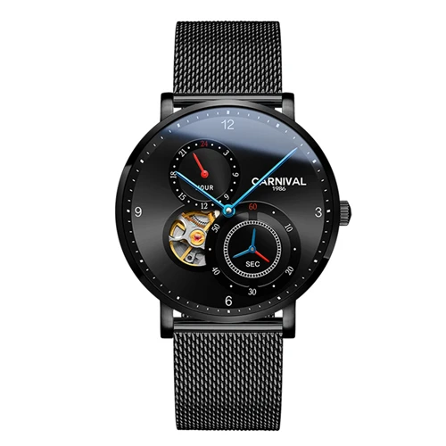 Карнавальные ультратонкие турбийон Авто механические часы для мужчин люксовый бренд полностью стальные водонепроницаемые мужские часы relogio kol saati - Цвет: Full black C8026
