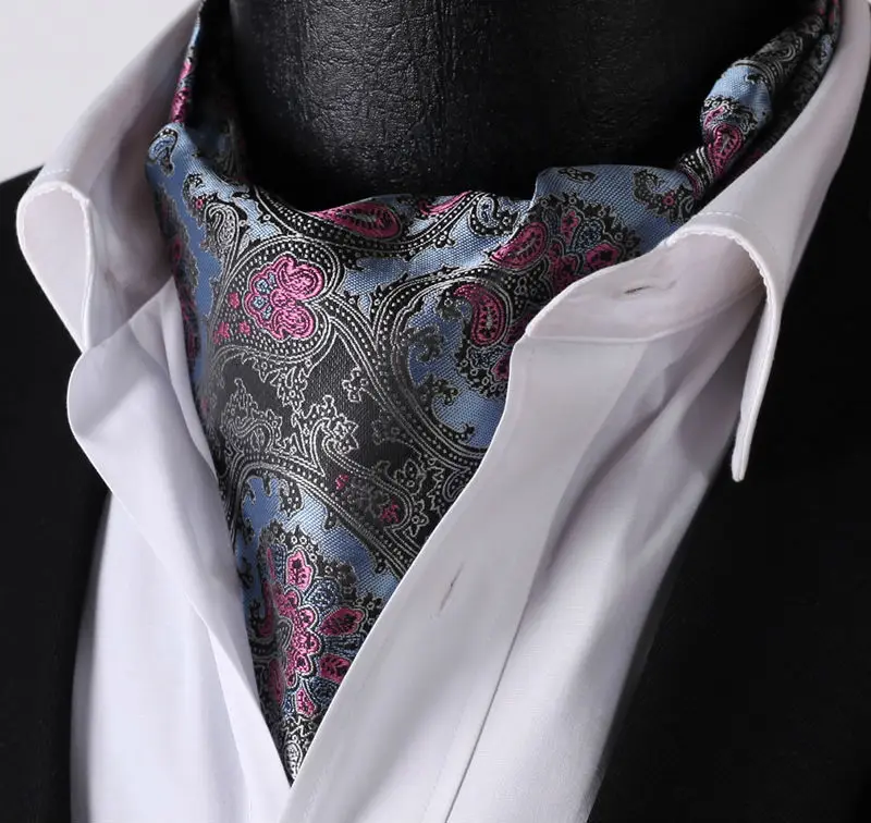  RF201B Blue Pink Paisley Silk Cravat Woven Ascot Hanky Handkerchief Set