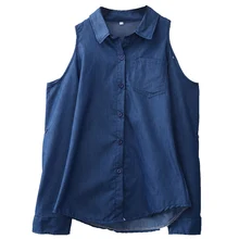 Women autumn sexy off Shoulder Long Sleeve Shirt Casual turn-down collar button solid Loose denim blue shirt blouse tops