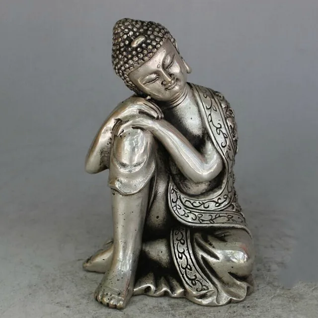 

christmas decorations for home+ Collectible Decorated Old Tibet Silver Carved sleeping Buddha Statue free shipping