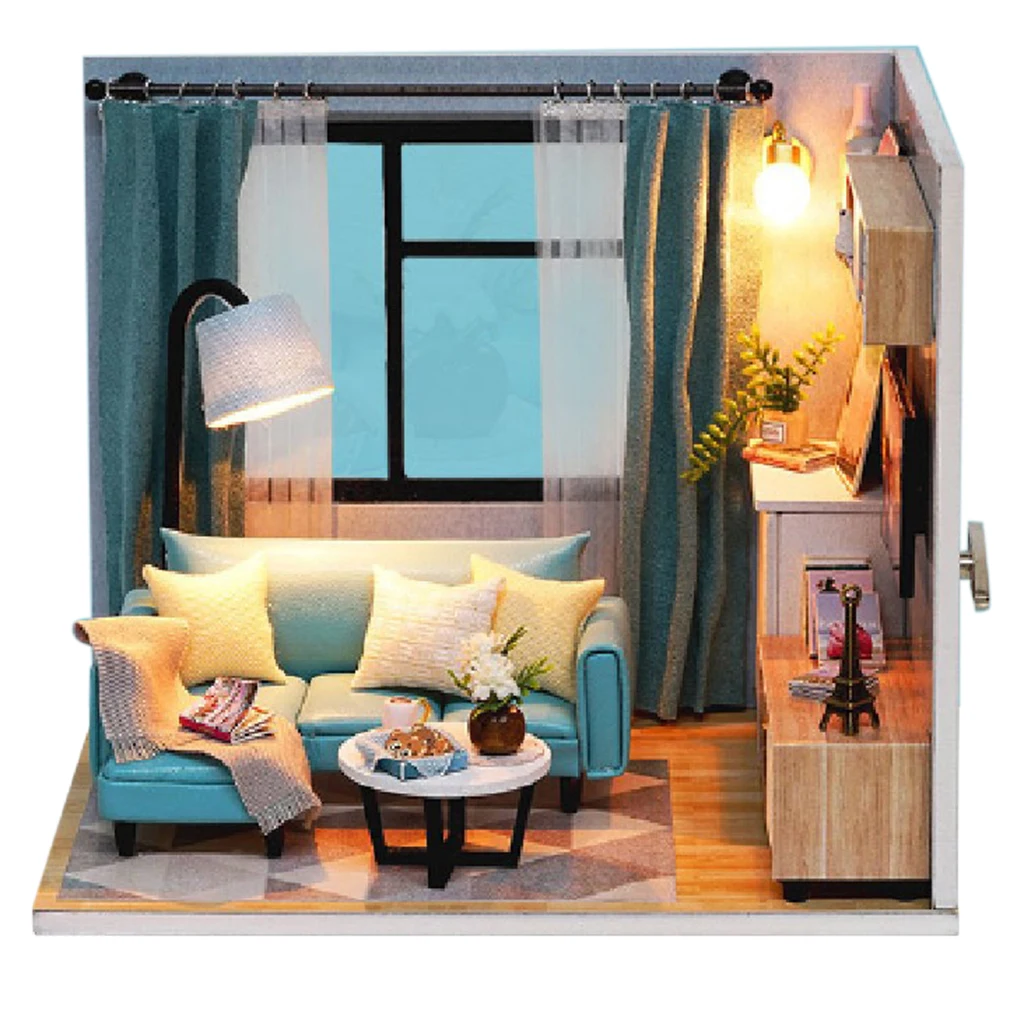 DIY Wooden Dollhouse Miniature Kit Furniture LED Light Corner of Living Room