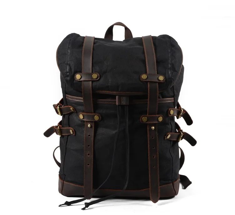 Мужские рюкзаки, винтажный вощеный Холщовый кожаный школьный военный рюкзак, мужской Большой Вместительный водонепроницаемый рюкзак, дорожный рюкзак, сумка - Цвет: Черный