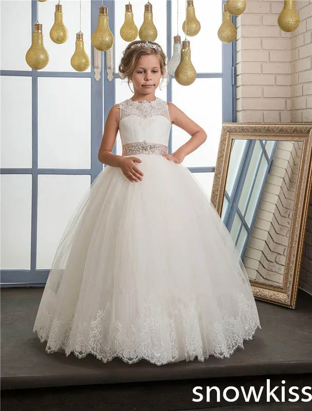 

2019 white/ivory first communion dress for little girl with beaded lace appliques open back tulle flower girl dress with bow