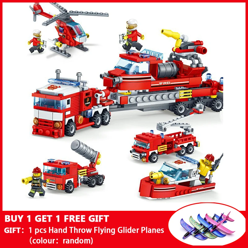

80512 348pcs Fire Fighting Car Helicopter Boat Model Building Blocks City Firefighter FiguresTrucks Bricks Kids Toys