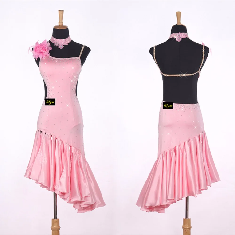 Sexy Lady Latin Dancing Dresses Pink Nice Quality Rhinestone Fashion Women Adult Professional Tango Ballroom Dancing Skirts 1047