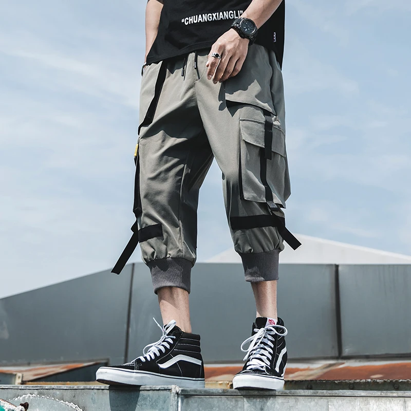 

Streetwear Calf-Length Pants Webbing Multi-Pockets Men's Pants Elastic Waist Black Green Gray Calf-Length Pants