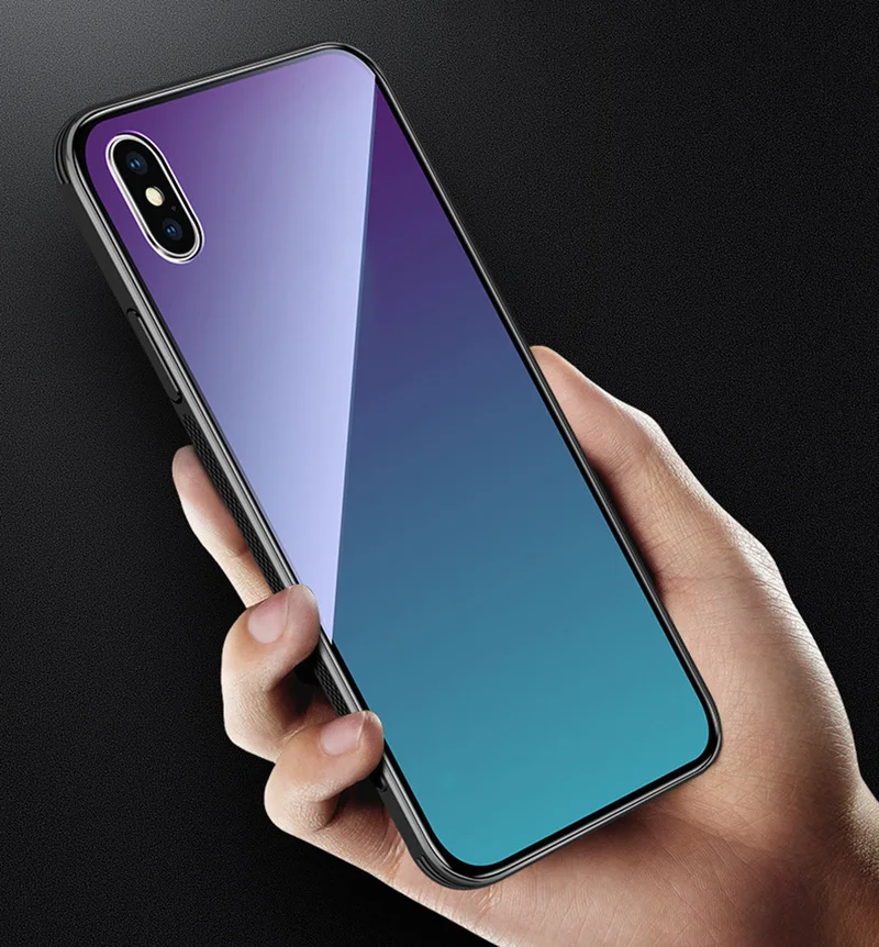 Чехол из закаленного стекла для iPhone 7 8 X XS XR 6 6S Plus градиент цвета синий луч Аврора