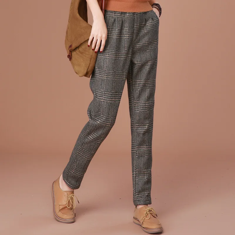 Thick Pants Women Thicken Inside Elastic Waist Full Length Trousers Plaid New Fashion Europe And America