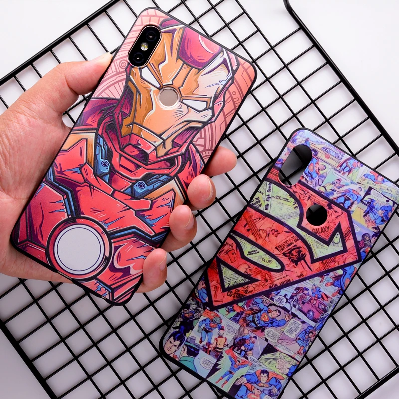 

3D Relief Marvel Ironman Superman Cover for Case Xiaomi Mi 8 Mi 9 Mi8 A2 A1 Redmi Note 7 5 6 Pro 5A Prime 4X Soft Cover Cases