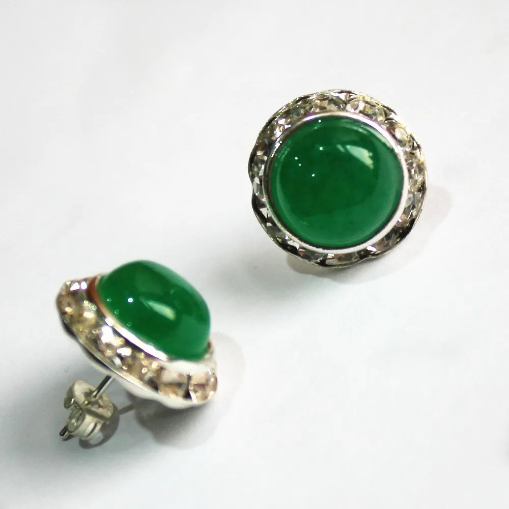 

wholesale 15mm green jade silver plated lady's charming stud earrings
