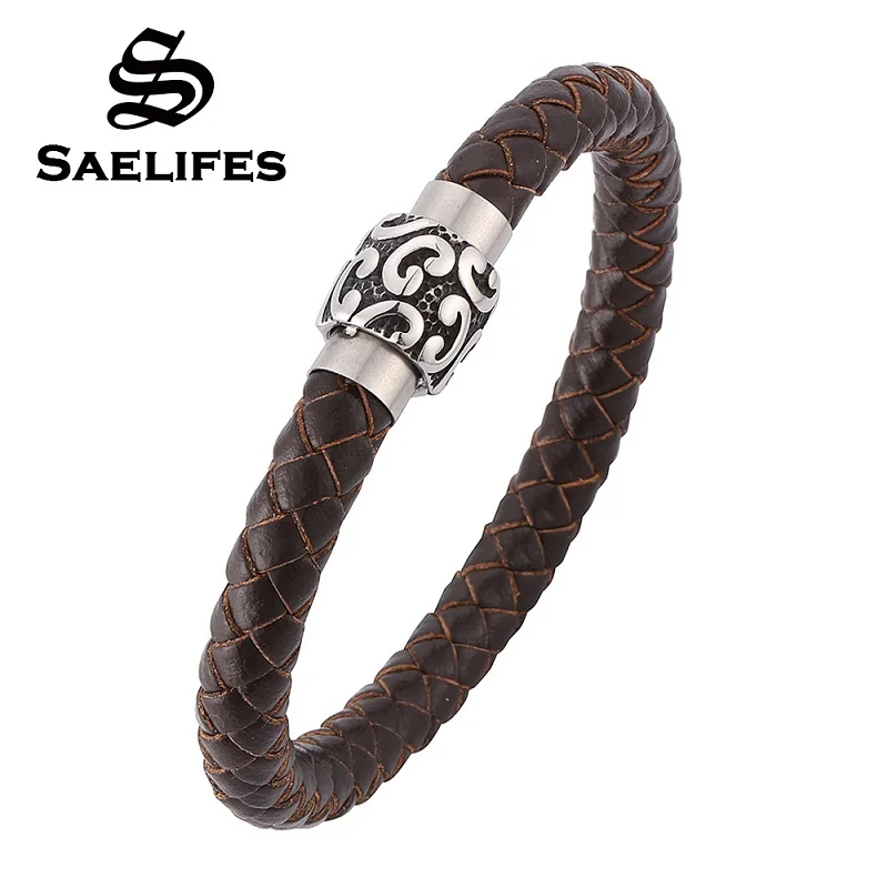

New Mens Vintage Leather Bracelet Wristband Bracelet Cuff Brown Bangles Stainless Steel Magnetic Buckle Male Jewelry PB0163