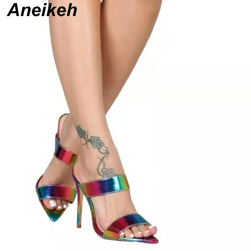 Aneikeh/Новые летние модные разноцветные шлепанцы женская обувь без застежки с открытым носком на высоком каблуке туфли-лодочки под вечернее платье Размеры 35-40